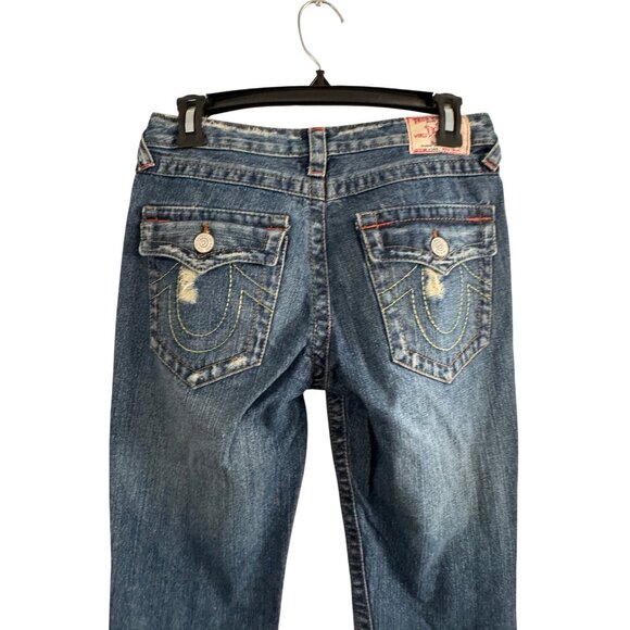 vintage True Religion Women’s Distressed Flare Jeans Size 28 Blue Denim Made In - Picture 9 of 11